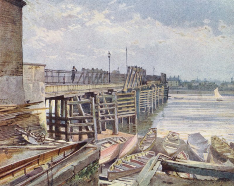 Ztracený Londýn: Starý most Battersea, ze severního břehu (barevná litografie) od John Crowther