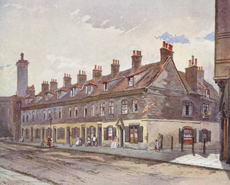 Ztracený Londýn: (barevná litografie): Staré domy v Pye Street, Westminster od John Crowther