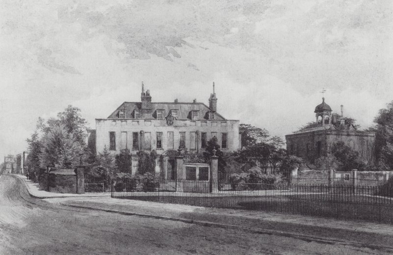 Ztracený Londýn: Stockwell Park House, ze Stockwell Parku (litografie) od John Crowther