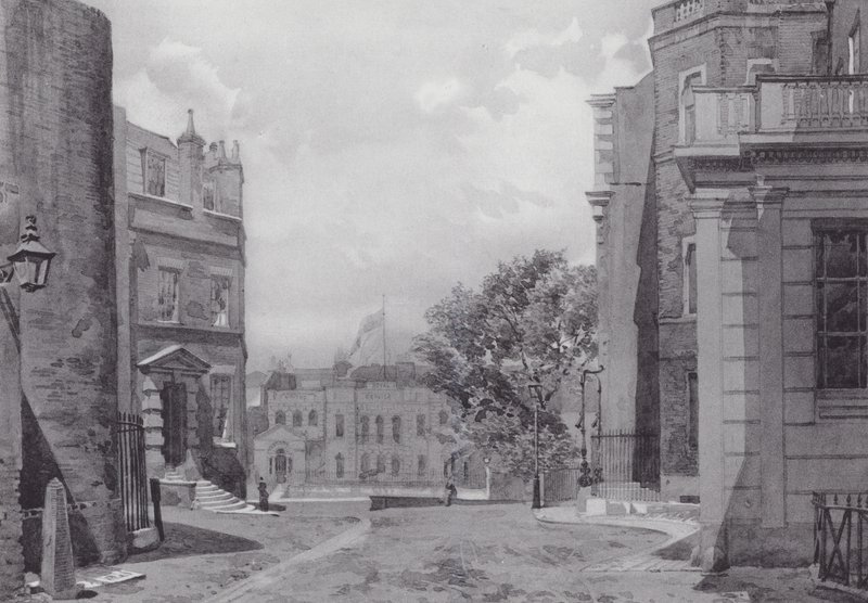 Ztracený Londýn: Whitehall Yard, Vanbrughův dům v pozadí (litografie) od John Crowther
