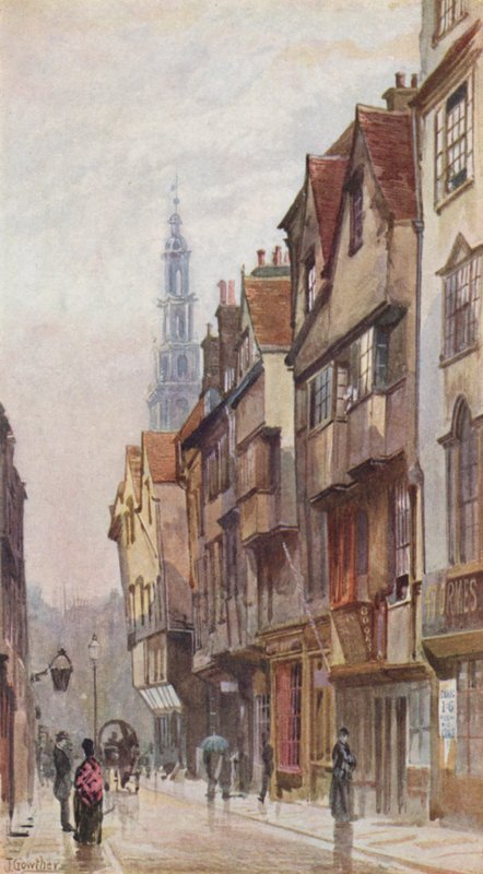 Ztracený Londýn: Wych Street, pohled na východ od New Inn Gateway (barevná litografie) od John Crowther
