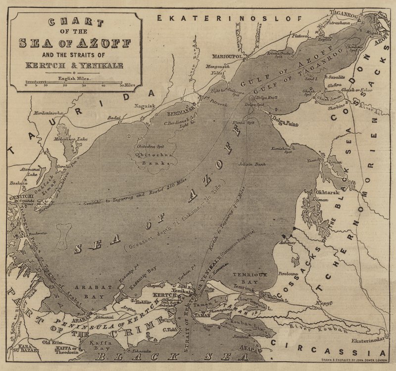 Mapa Azoffského moře a úžin Kertch a Yenikale od John Dower