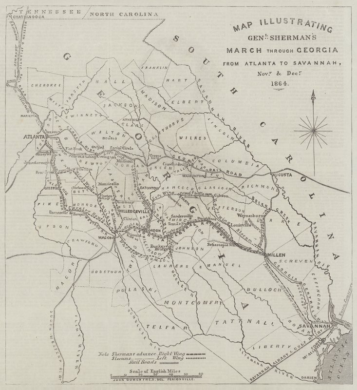 Mapa znázorňující pochod generála Shermana přes Georgii z Atlanty do Savannah, listopad a prosinec 1864 od John Dower