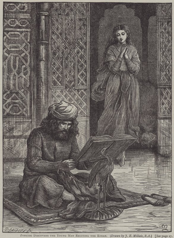 Zobeide objeví mladého muže recitujícího Korán (rytina) od John Everett (after) Millais