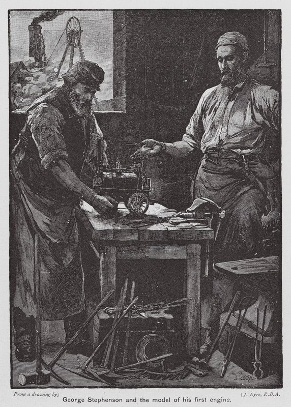 George Stephenson a model jeho prvního motoru (barevná litografie) od John Eyre