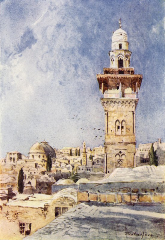 Minaret v severozápadním rohu Temple Area (barevné lito) od John Fulleylove