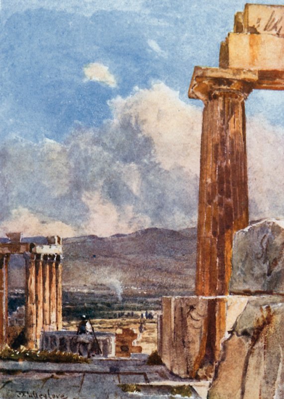 Východní sloupoví Erechthea při pohledu ze severního peristylu Parthenonu od John Fulleylove
