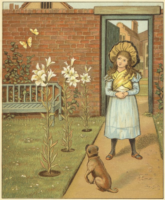 Dívka v obezděné zahradě, kromě lilií a jejího psa (barva litho) od John George (after) Sowerby