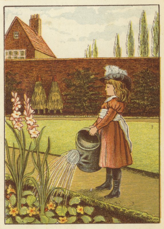 Dívka zalévá zahradu (barva litho) od John George (after) Sowerby