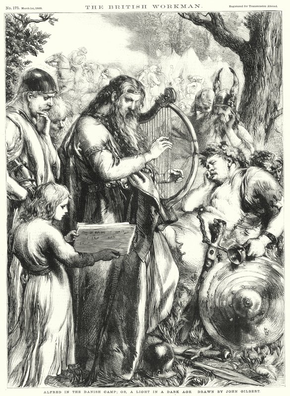 Alfred v dánském táboře; nebo, Světlo v temném věku (rytina) od John Gilbert
