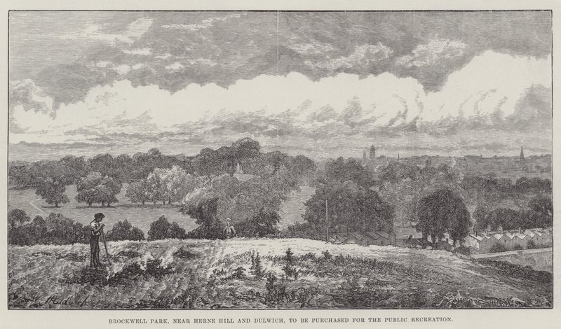 Brockwell Park, poblíž Herne Hill a Dulwich, který má být zakoupen pro veřejnou rekreaci od John Gilbert
