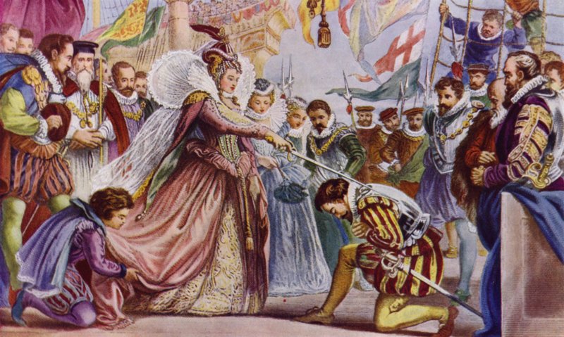 Královna Alžběta II pasující na rytíře Sira Francise Drakea na palubě jeho lodi Golden Hind, Deptford, 1581 od John Gilbert