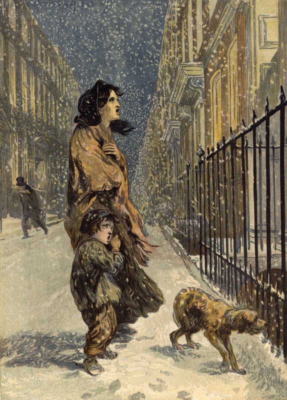 Chudí bezdomovci, matka a dítě se psem ve sněhu (chromolitho) od John Gilbert