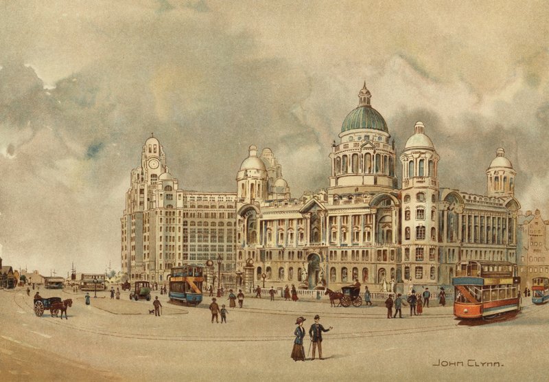 Liverpool: Kanceláře Mersey Docks and Harbour Board, The Liver Building, atd., Přístup k přistávací ploše (barevné lito) od John Glynn