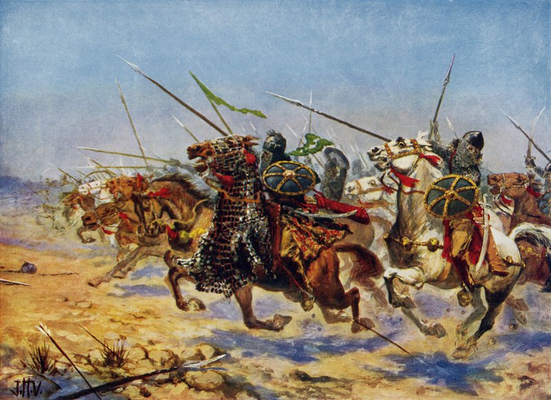 Útok kavalérie Shahrbaraz (barva litho) od John Harris Valda
