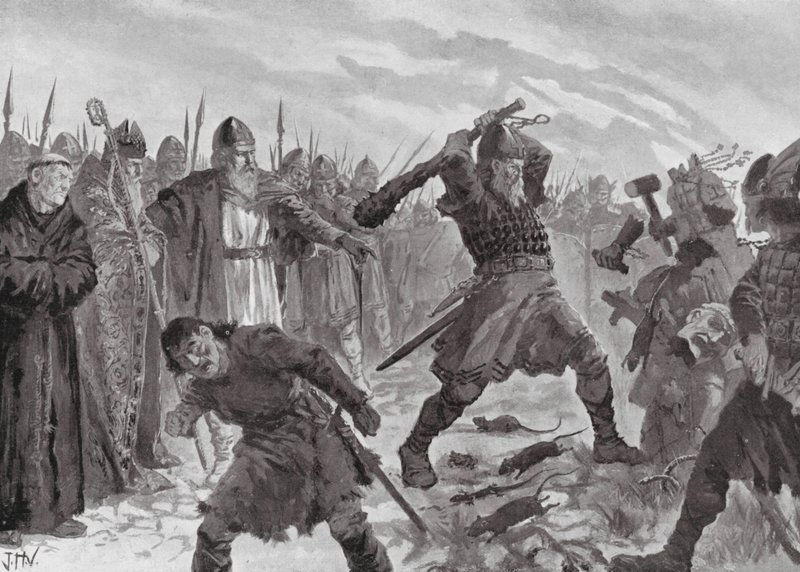 Král Olav Svatý rozbíjí obraz boha Mora od John Harris Valda