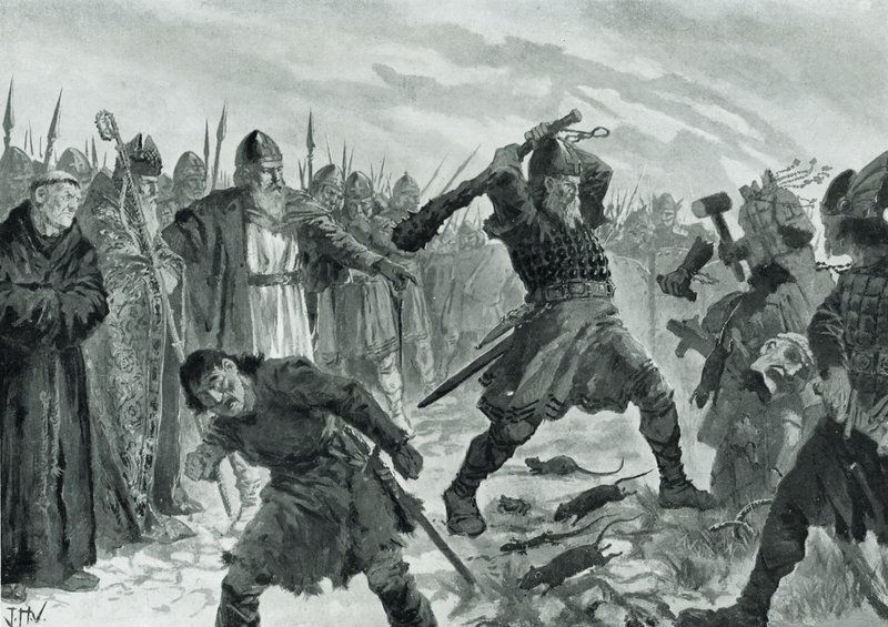 Král Olav Svatý rozbíjející obraz Boha Mor od John Harris Valda