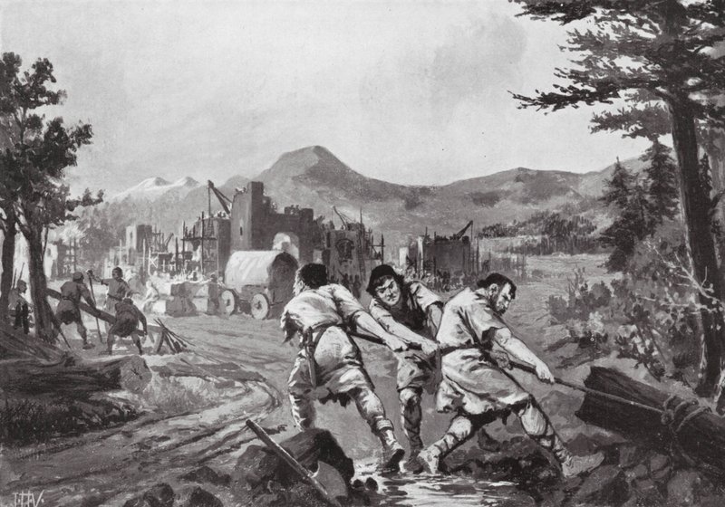 Valašští horalé zakládají město, 9. století (litografie) od John Harris Valda