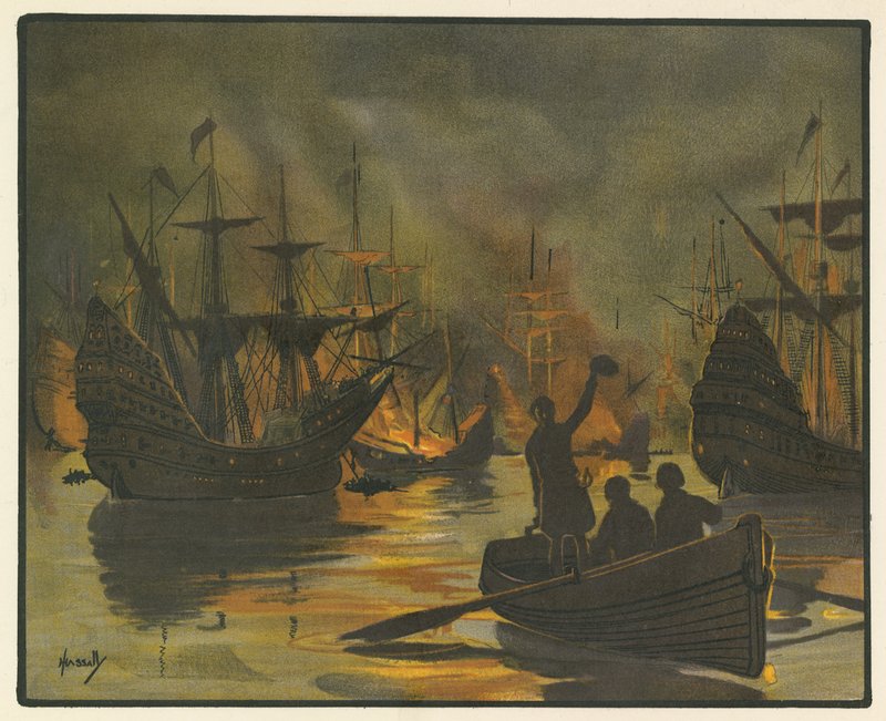 Neporazitelná Armada napadená ohnivými loděmi (barva litho) od John Hassall