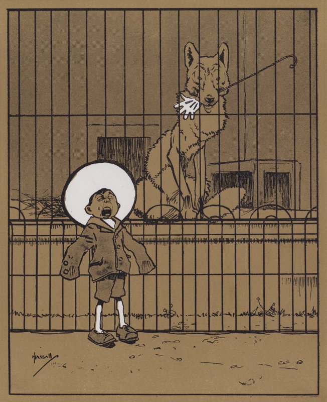 "Návštěvníkům, kteří strkají ruce přes zábradlí, se doporučuje, aby viděli, že je dostanou zpět" (barva litho) od John Hassall