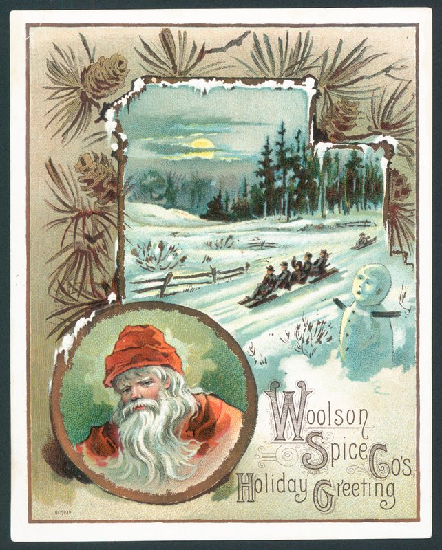 Vánoční pohlednice Woolson Spice Company (chromolit) od John Henry Bufford
