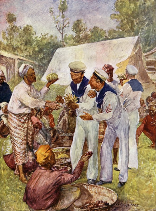 Britský jack tars na barmském trhu (barevné lito) od John Henry Frederick (after) Bacon