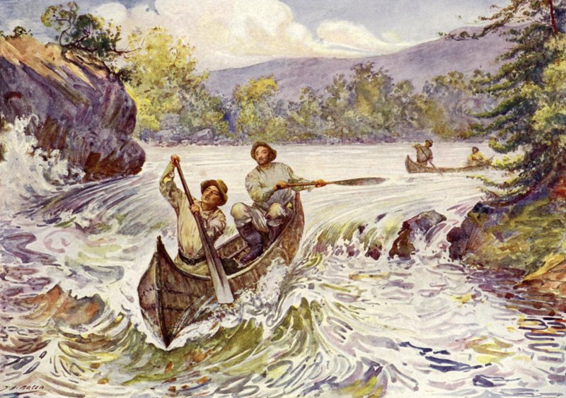 Kanaďané střílí peřeje na kánoích (barva litho) od John Henry Frederick (after) Bacon