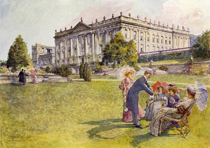 Chatsworth House (barevné lito) od John Henry Frederick (after) Bacon