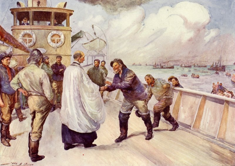 Rybářská flotila rybářů Severního moře se shromažďuje k uctívání (barva litho) od John Henry Frederick (after) Bacon