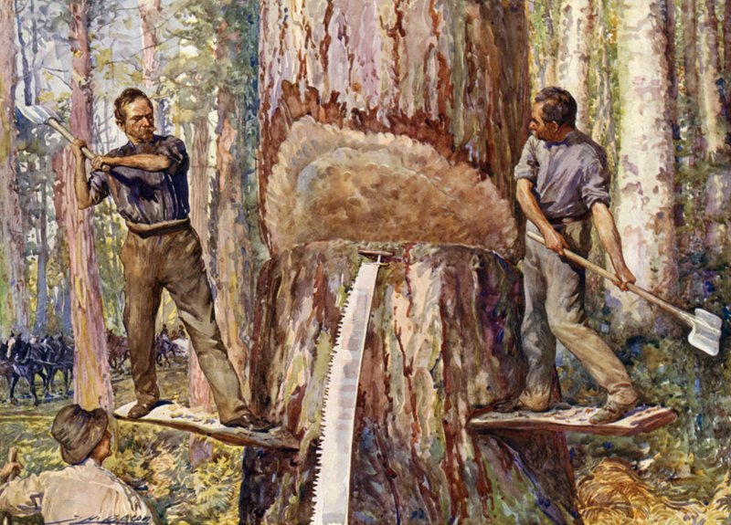 Dřevorubci řežou dřevo (barva lito) od John Henry Frederick (after) Bacon
