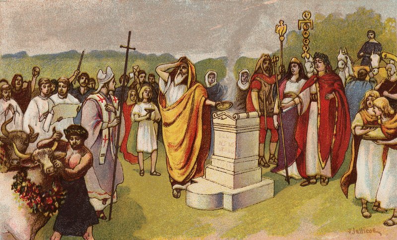 Konstantin Veliký nabízí oběť, když přijdou první křesťané, York, 306 (chromolitho) od John Jellicoe