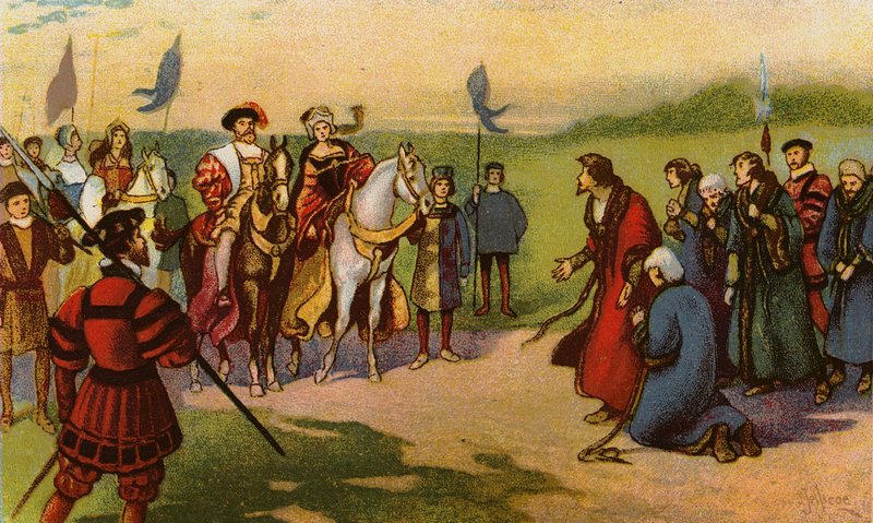 Král Jindřich VIII a Catherine Howard přijíždějící do Yorku po pouti milosti 1541 (chromolitho) od John Jellicoe