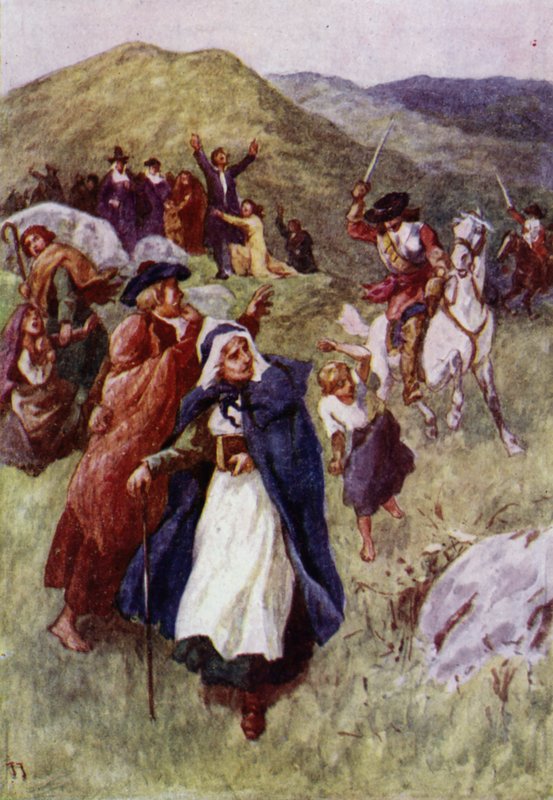 Vojáci odhánějí lidi, kteří se setkali k uctívání ve skotských kopcích (barva litho) od John Jellicoe