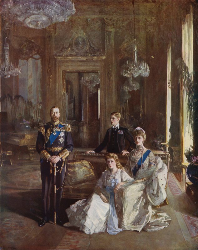 King George V, Queen Mary, Prince of Wales a Princess Mary in the White Drawing Room, Buckingham Palace, London, 1913 od John Lavery