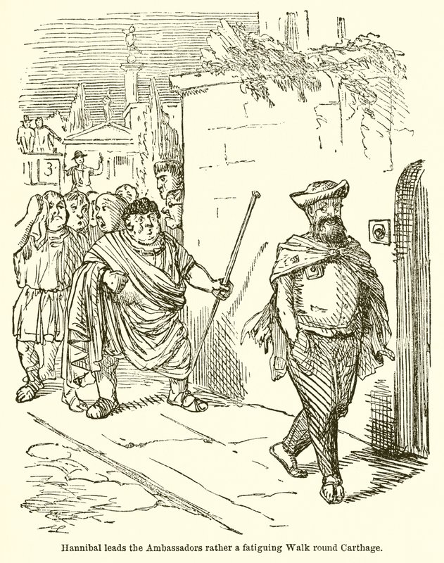 Hannibal vede velvyslance spíše únavnou procházkou kolem Kartága od John Leech