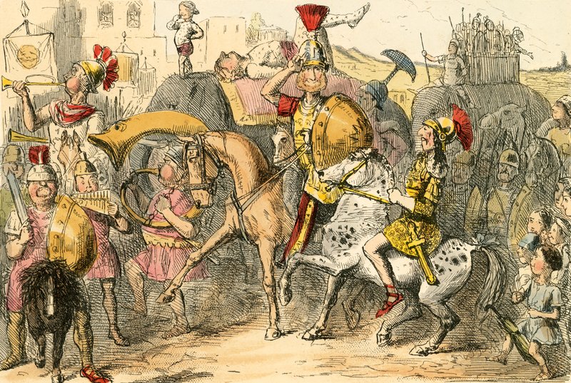 Pyrrhus přijíždí se svou družinou do Itálie od John Leech