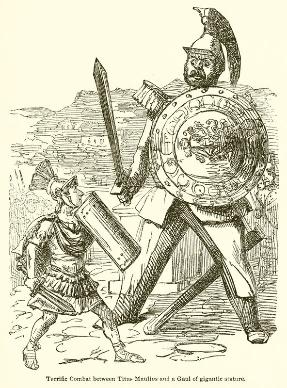 Úžasný boj mezi Titem Manliem a Galií gigantické postavy od John Leech