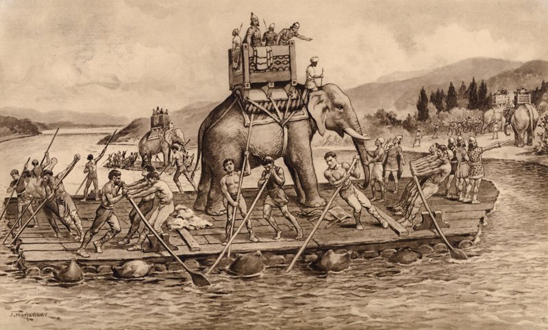Hannibal při přechodu řeky Rhôny (litografie) od John Macfarlane