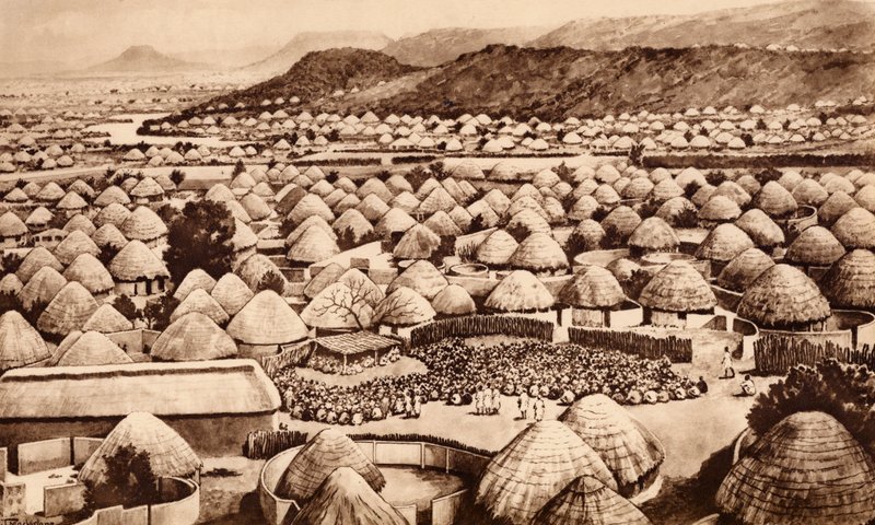 Mochudi, Bechuanaland (litografie) od John Macfarlane