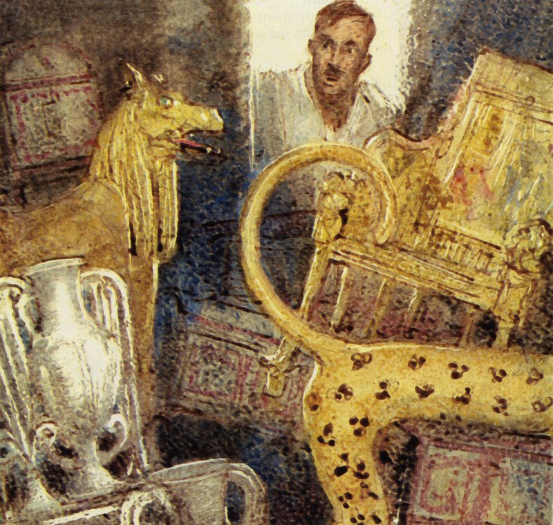Howard Carter objevil ztracenou Tutanchamonovu pohřební komoru (barevná litografie) od John Millar Watt