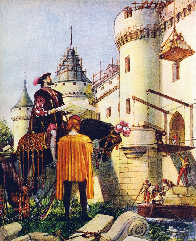 Francouzský král František I. dohlíží na stavbu hradů (barevná litografie) od John Millar Watt