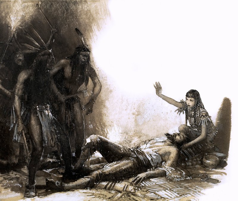 Pocahontas zasahuje, aby zachránila život kapitána Smithe (kvaš na papíře) od John Millar Watt