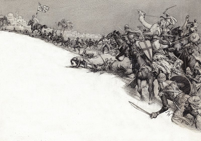 Saracéni útočí na Jeruzalém (kvaš na papíře) od John Millar Watt