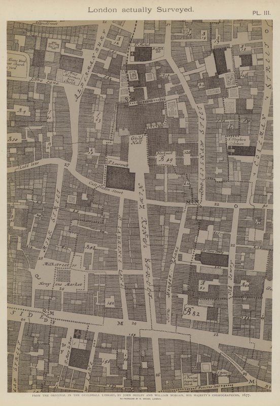 Mapa části londýnské City, znázorňující umístění Guildhall od John Ogilby