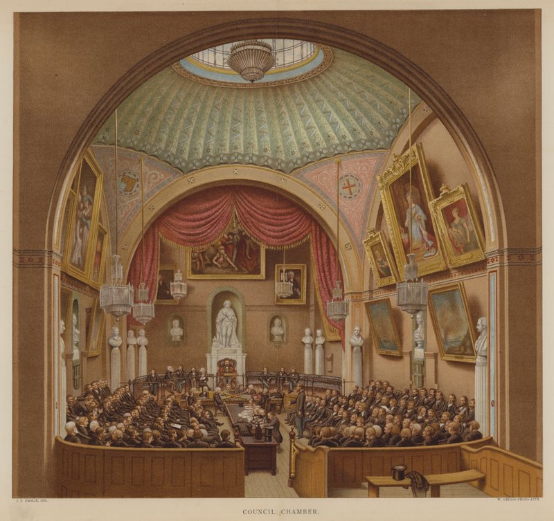 Council Chamber, Guildhall, City of London (barevné lito) od John Phillipp Emslie