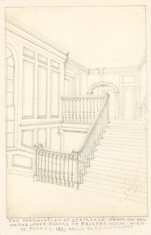 Pokračování schodiště, z haly do horních pater, Fairfax House, High Street, Putney, 1887 od John Phillipp Emslie
