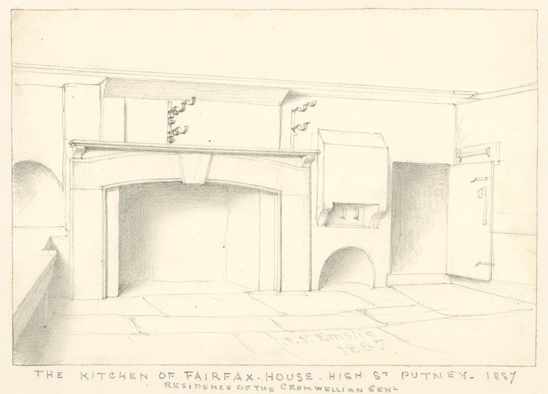 Kuchyň ve Fairfax House, High Street, Putney, 1887; sídlo Cromwellian Genta od John Phillipp Emslie