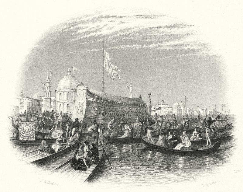 Svatba moře. Člun dóžete a gondoly na vodě v Benátkách (rytina) od John Rogers (after) Herbert