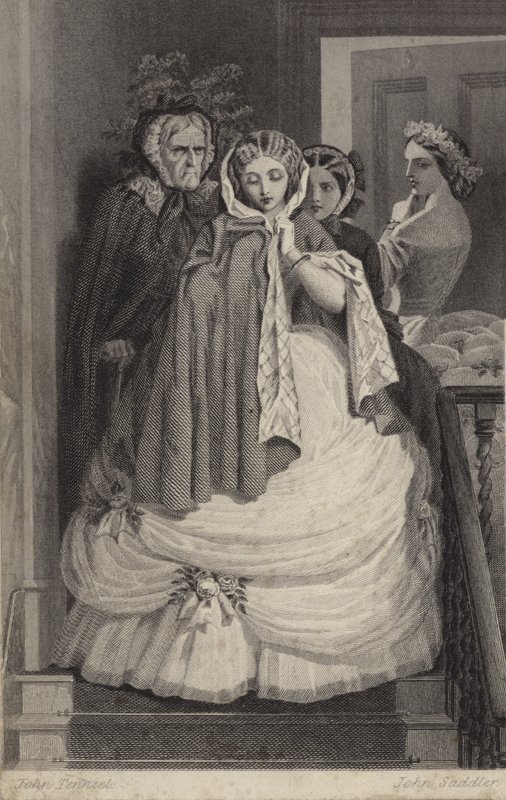 Krásná dívka, oblečená na večírek, sestupuje ze schodů od John Tenniel