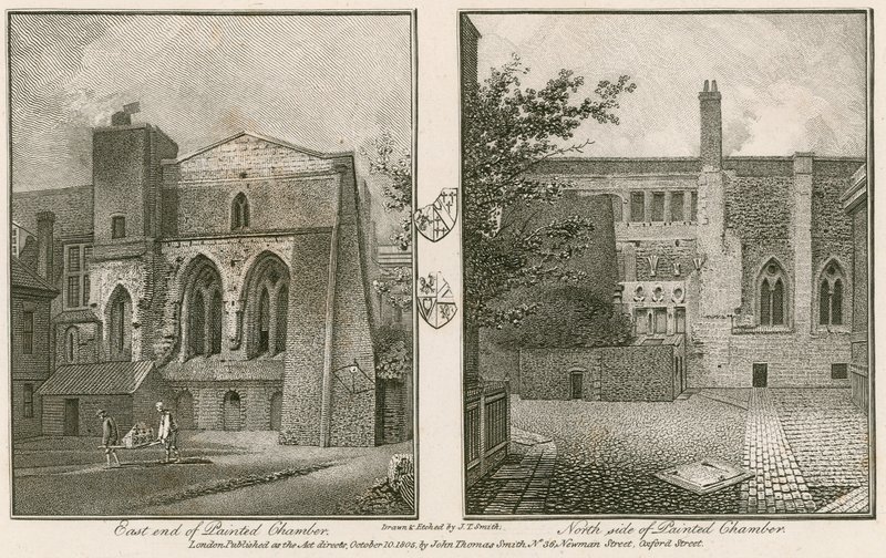 Východní konec (vlevo) a severní strana (vpravo) Malované komory, Westminsterský palác od John Thomas Smith